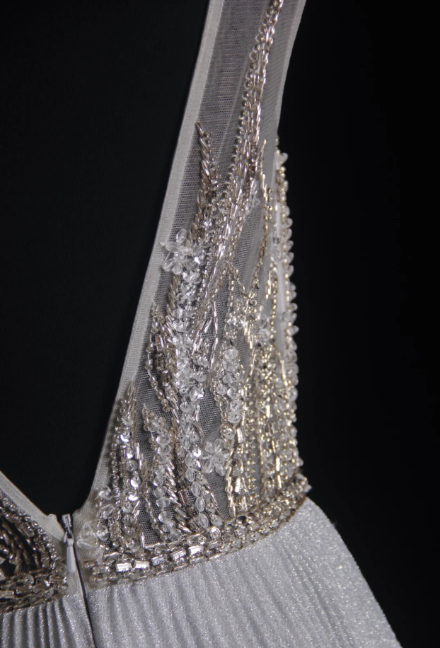 Pretty Gray Satin Pleated Sequin Beaded Long Wedding Guest Dress Party Dress D1685