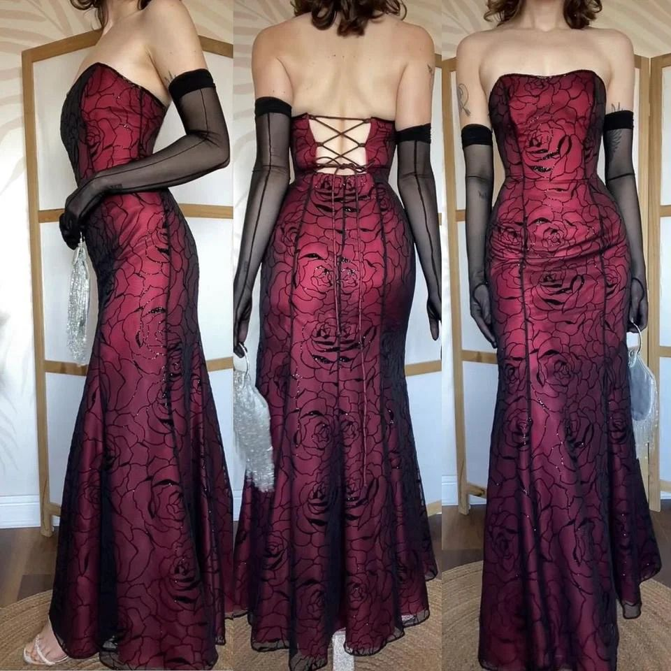 Retro Strapless Burgundy Mermaid Long Party Dress Formal Birthday Prom Gown With Gloves D1510
