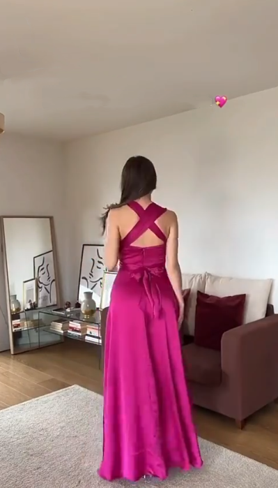 Classy Hot Pink Satin A Line Long Evening Dress Birthday Party Gown D1364