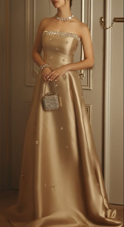 Fashion Strapless Champagne Satin Beaded Long Party Dress Evening Gown D1220