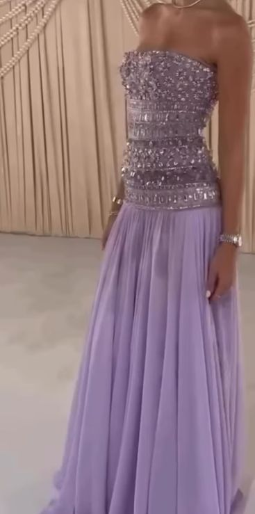 Classy Strapless Purple Chiffon Beaded Long Party Dress Evening Gown D1278
