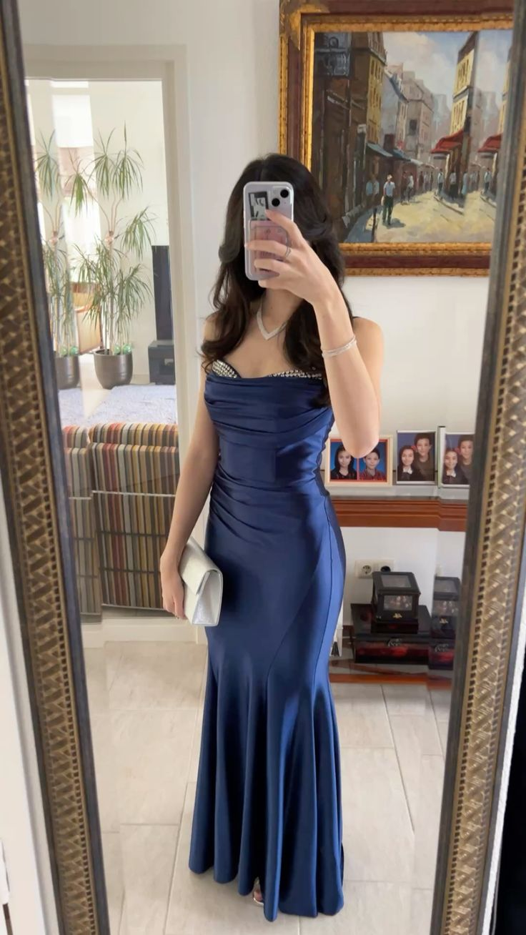 Stylish Spaghetti Straps Navy Blue Satin Beaded Mermaid Party Dress Long Wedding Guest Dress D1450