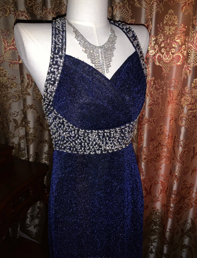 Pretty Halter Navy Blue Sequin Beaded Mermaid Long Evening Dress Birthday Party Dress D1723