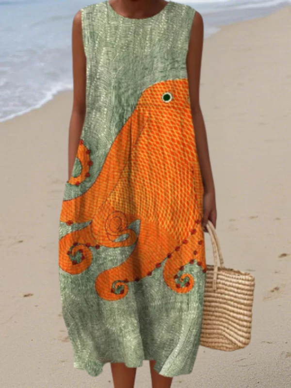 Octopus Print Round Neck Sleeveless Midi Dress