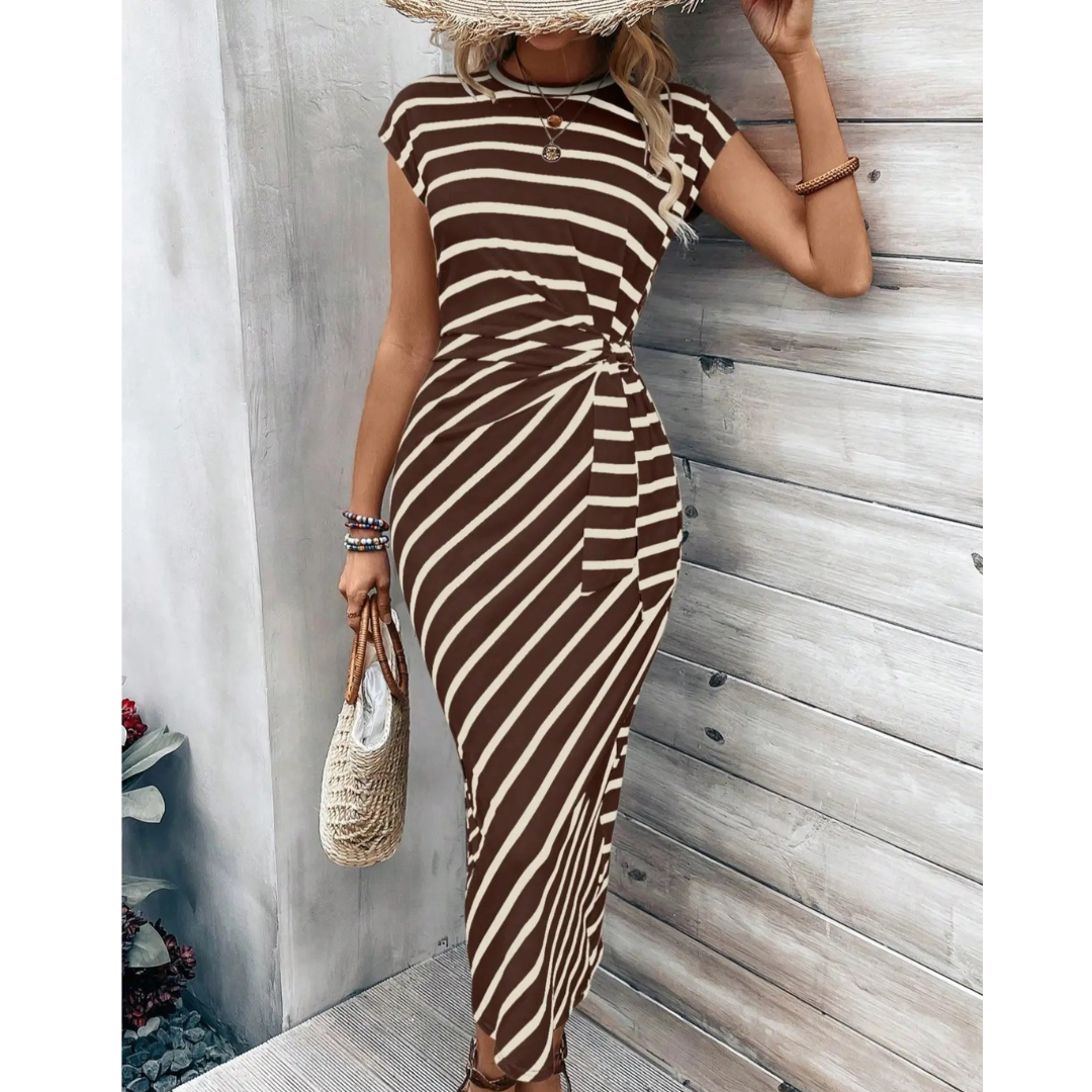 Striped Round Neck Cap Sleeve Twist Front Bodycon Midi Dress 8