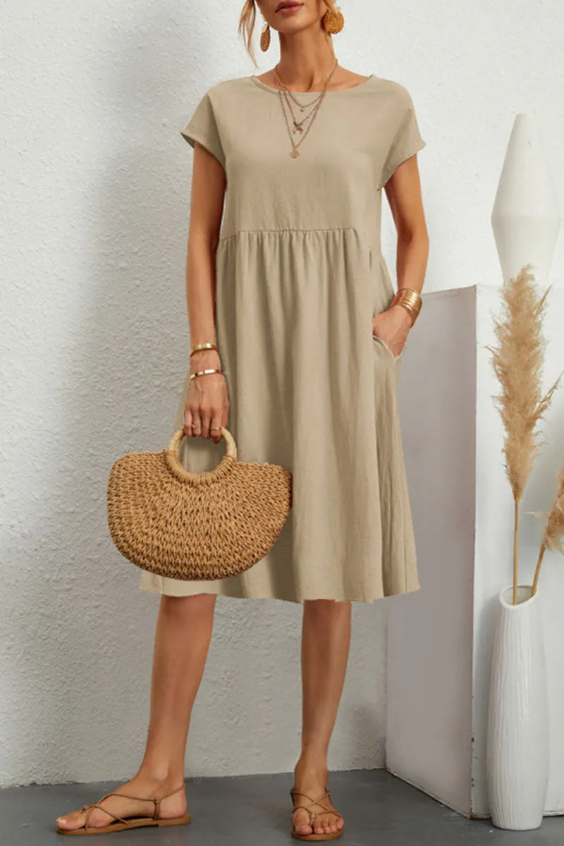 Linen Blend Print A-Line Short Sleeve Midi Dress - View 8
