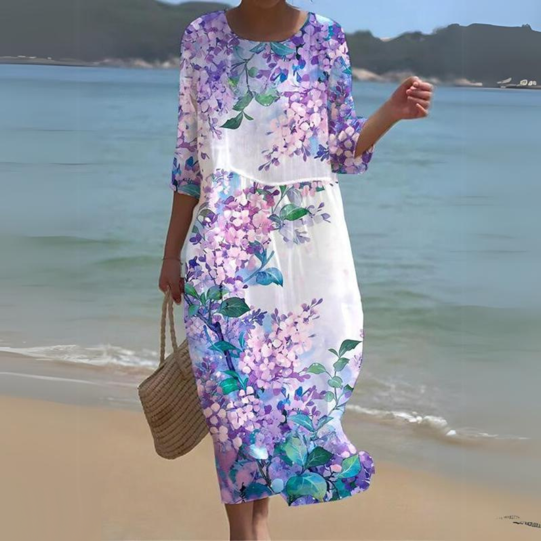 Floral Round Neck Half Sleeve Shift Summer Midi Dress - View 6