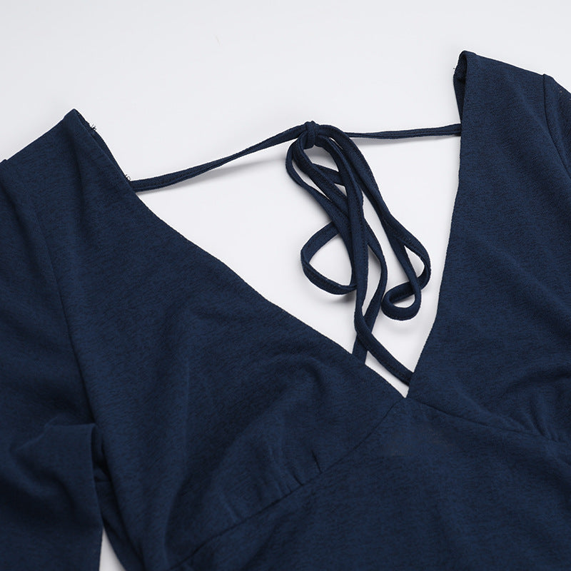 Knit Deep-V Long-Sleeve Ruched Flared Mini Dress 8