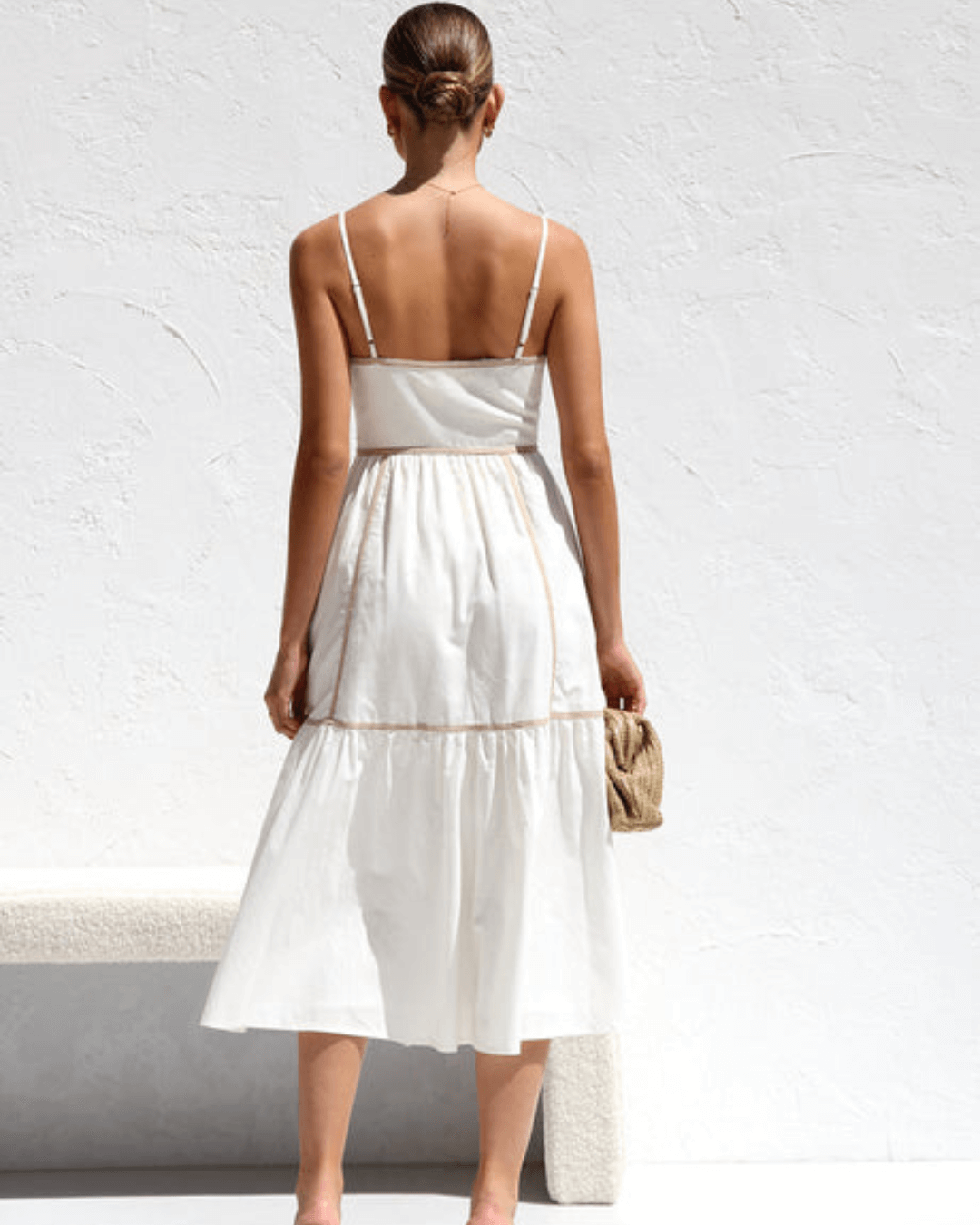 Contrast Taupe Trimming Midi Dress - Fashionpara