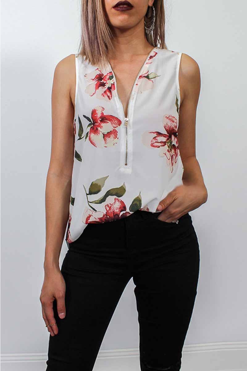 Florcoo Summer Fashion Zipper Design Floral Tank Top