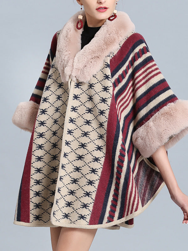 Stripe Bordeus Fluffy Neck Plus Size Cape Cardigan 12