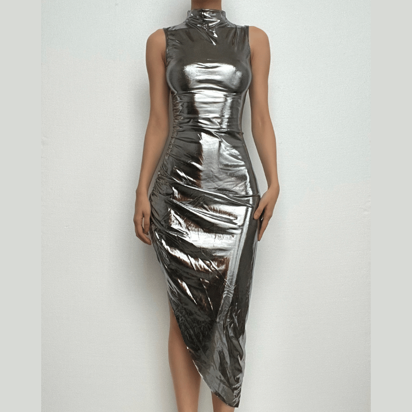 Metallic irregular high neck sleeveless ruched midi dress