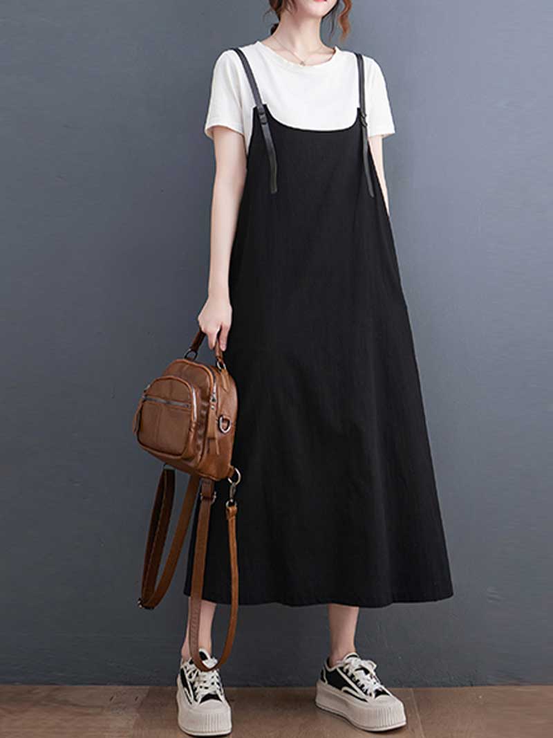 Plain Green Black Hemp Material Salopette Dress - Fashionpara