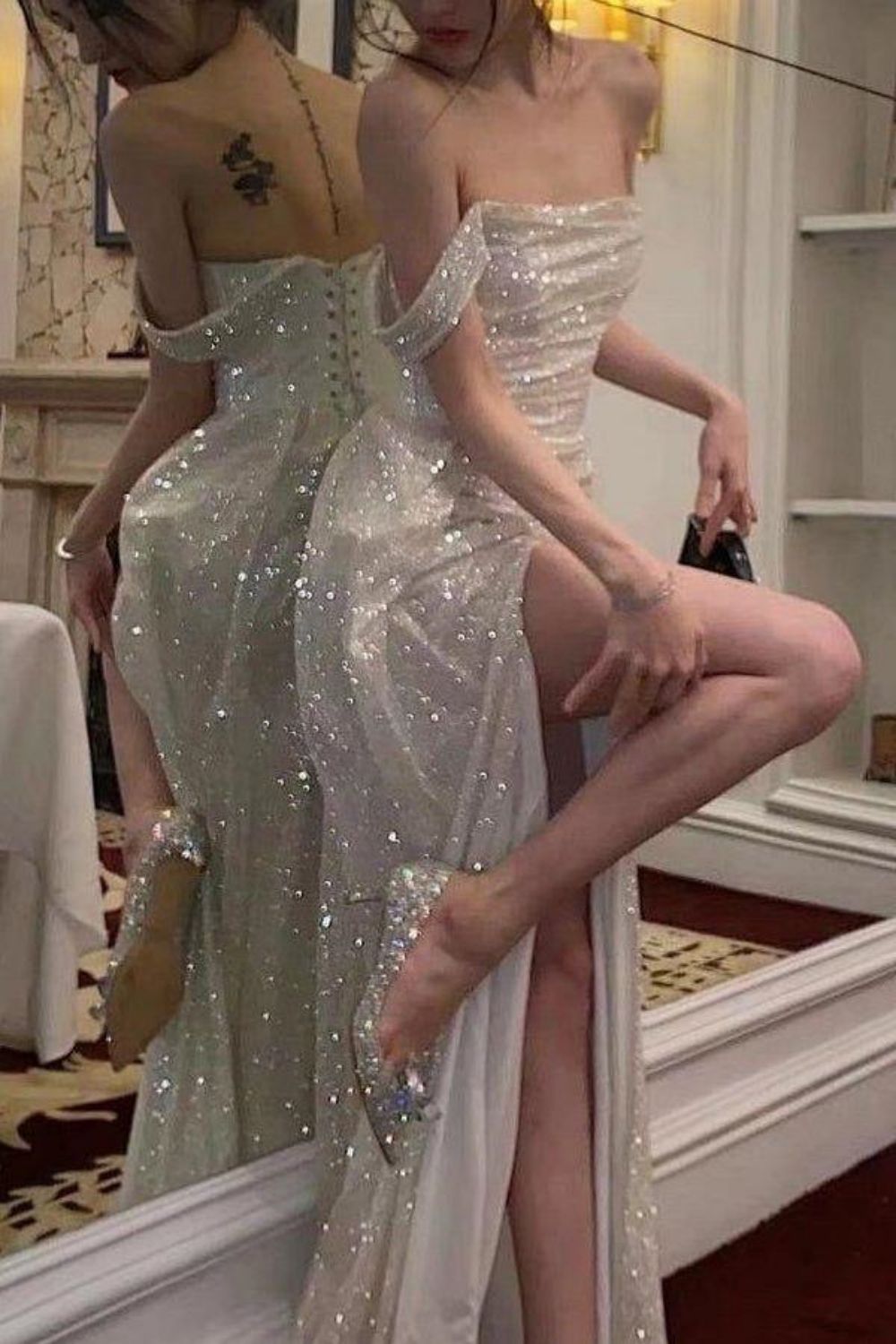 Elegant Mermaid Off the Shoulder Silver Sequins Long Prom Dress with Split Front - Fashionpara