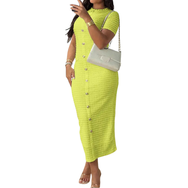 Crew Neck Short Sleeve Button Front Textured Bodycon Midi Dress 7