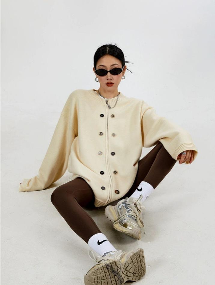 Ribbed Trim Oversized Button Zip Knit Cardigan