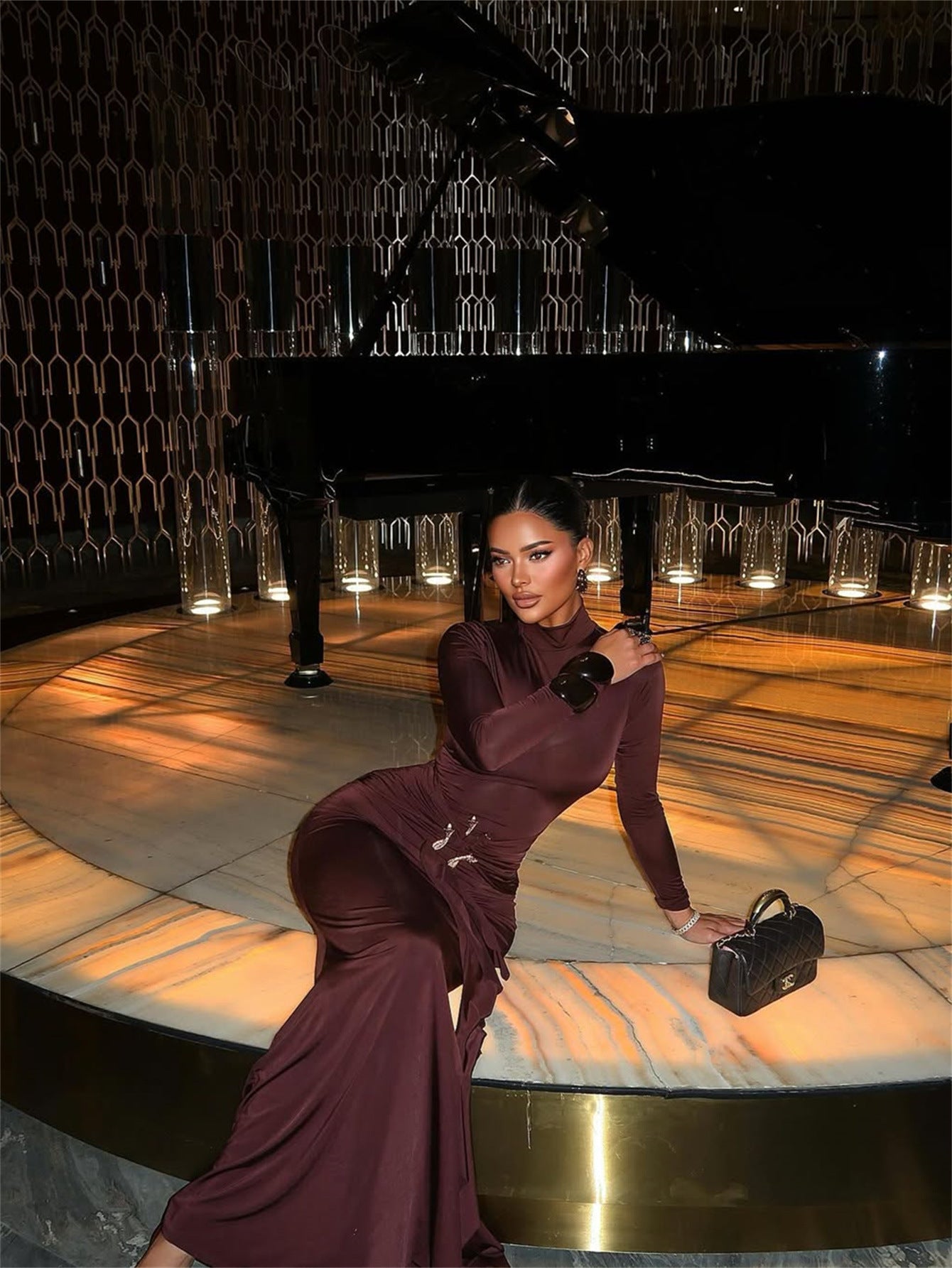 Metallic Accent Solid Bodycon Party Dress