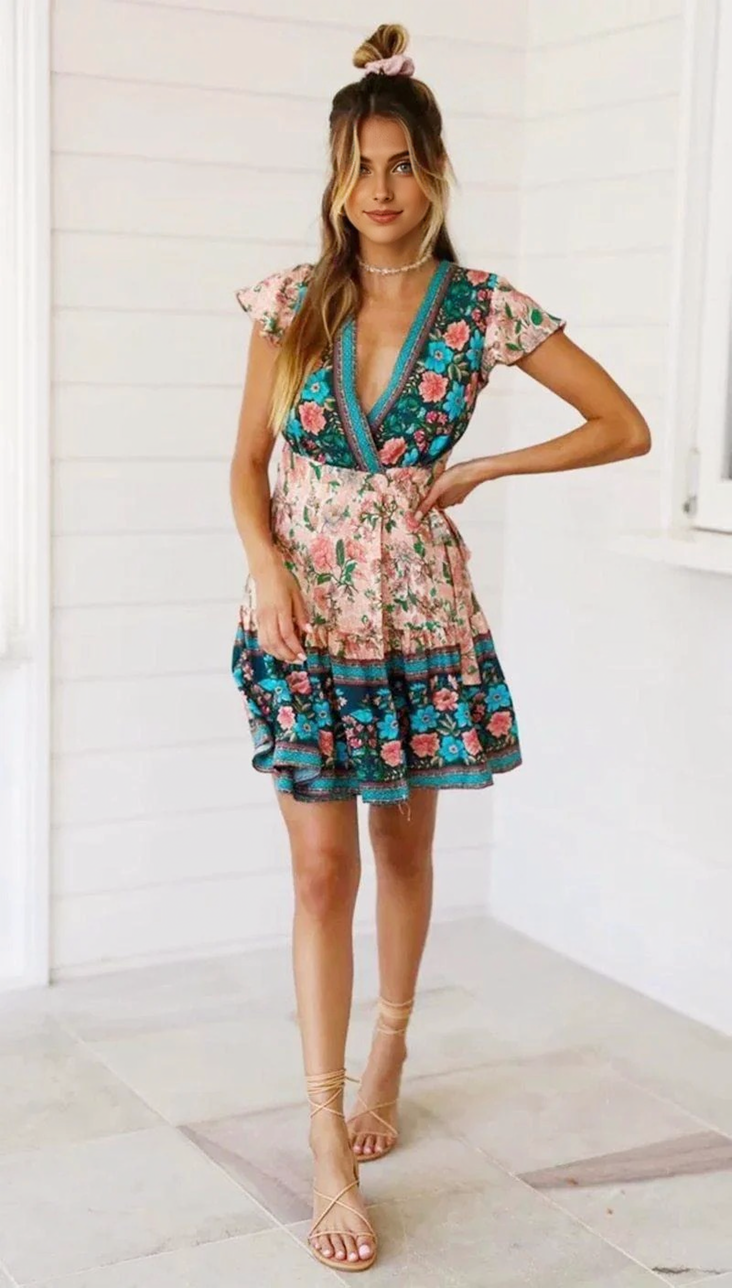 Boho Floral V-Neck Flutter Sleeve Wrap Mini Dress 2