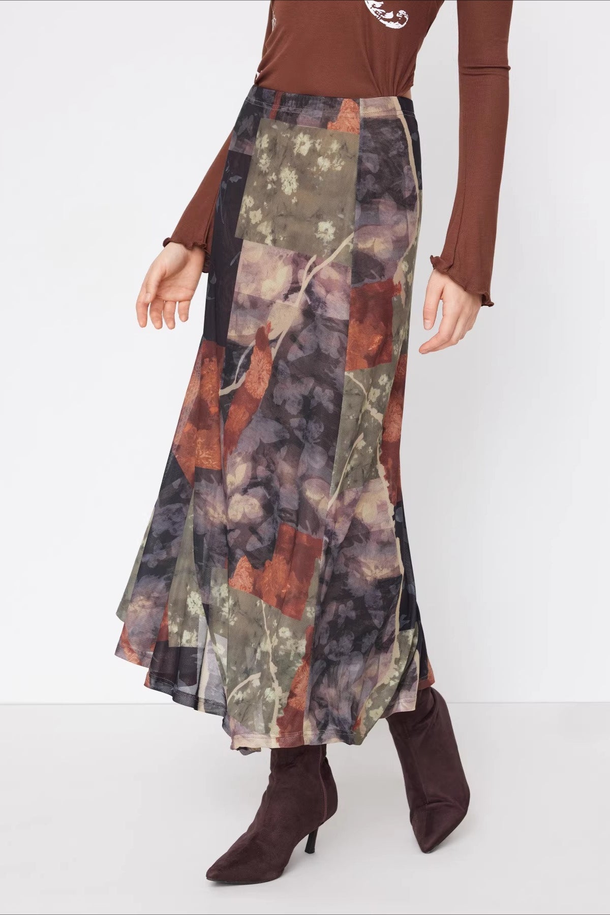 Floral Mesh Asymmetric Slit Midi Skirt