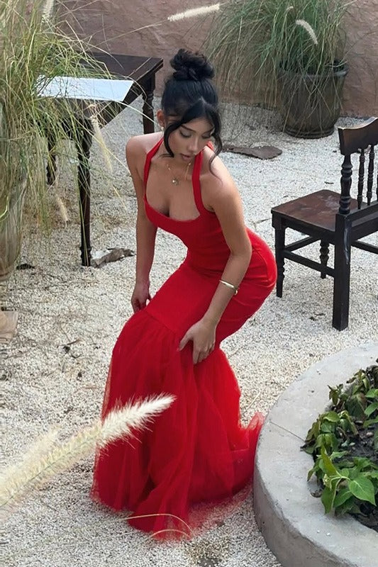 Backless Square-Neck Halter Tulle Mermaid Gown