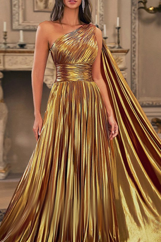 Metallic One-Shoulder Pleated Cape A-Line Gown