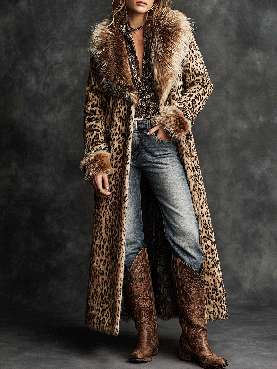 Vintage Boho Leopard  Faux Fur Longline Coat - Fashionpara