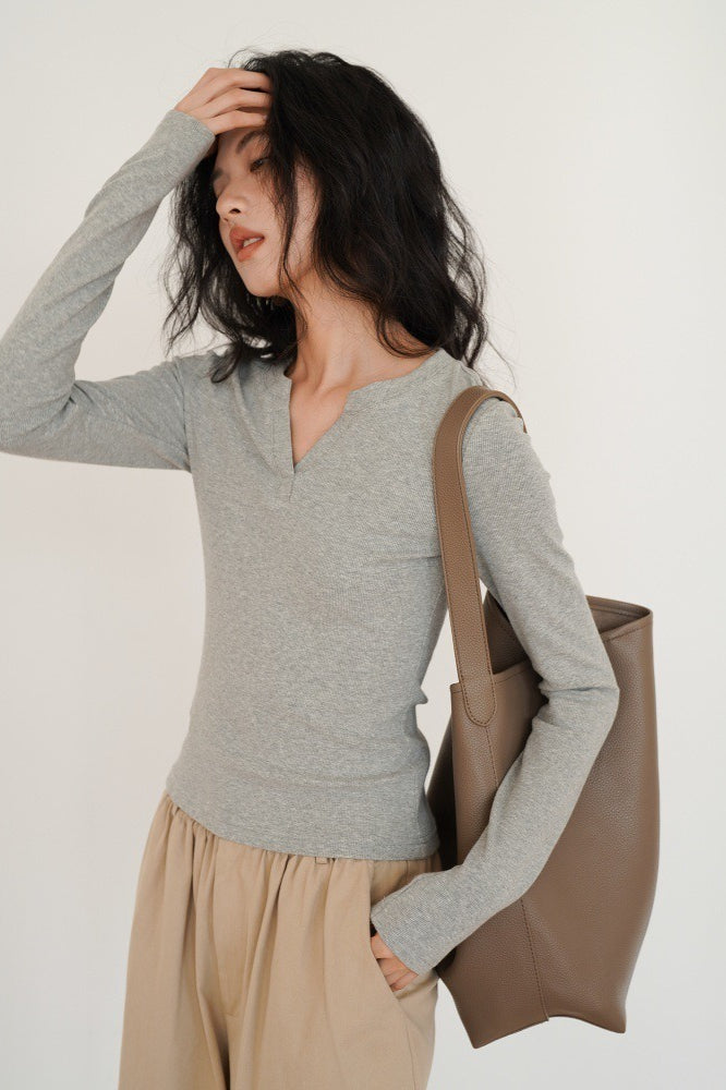 Heather Grey Fitted V-Neck Long-Sleeve Knit Top