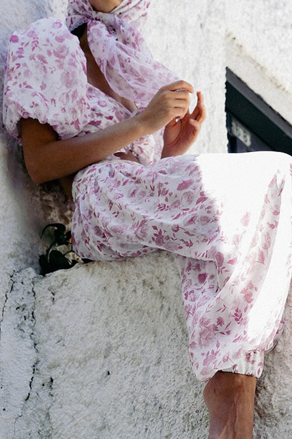 Pink White Floral Puff Sleeve Top Lantern Pants Two Piece Set