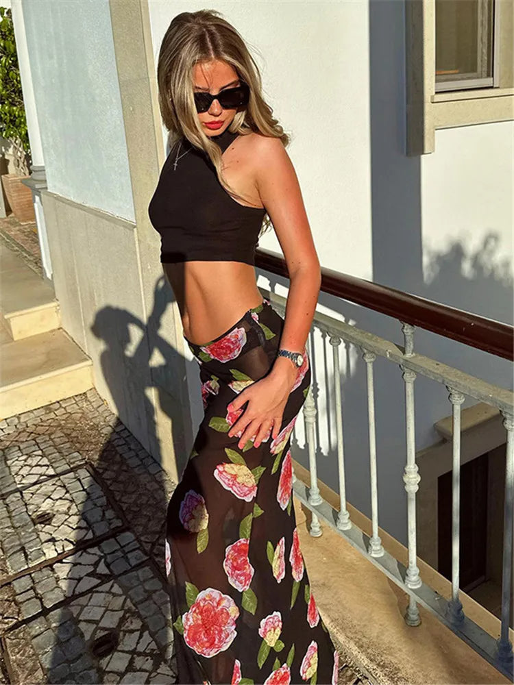 See-Through Flower Summer Cool Flare Bottom Mermaid Skirt