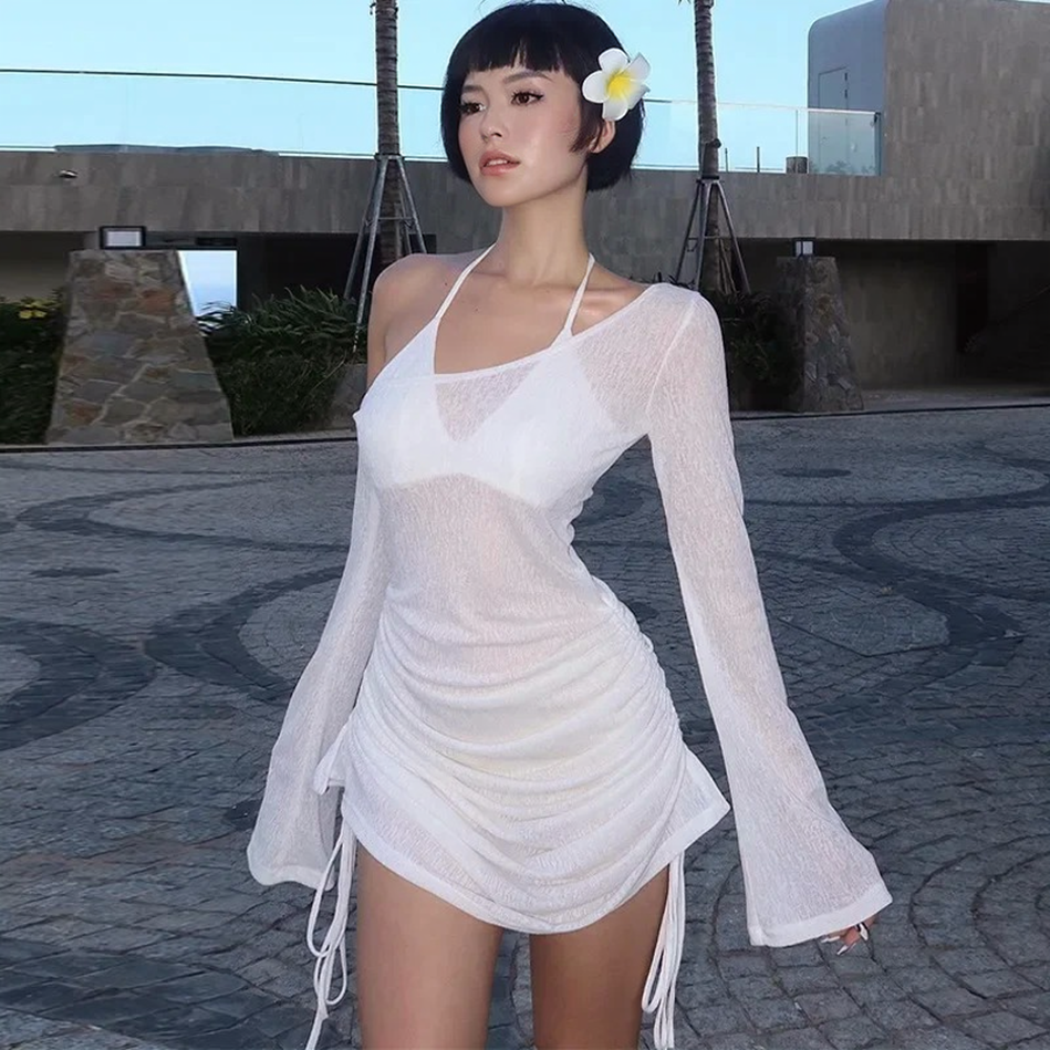Sheer Knit Halter Cold-Shoulder Ruched Bodycon Mini Dress 2