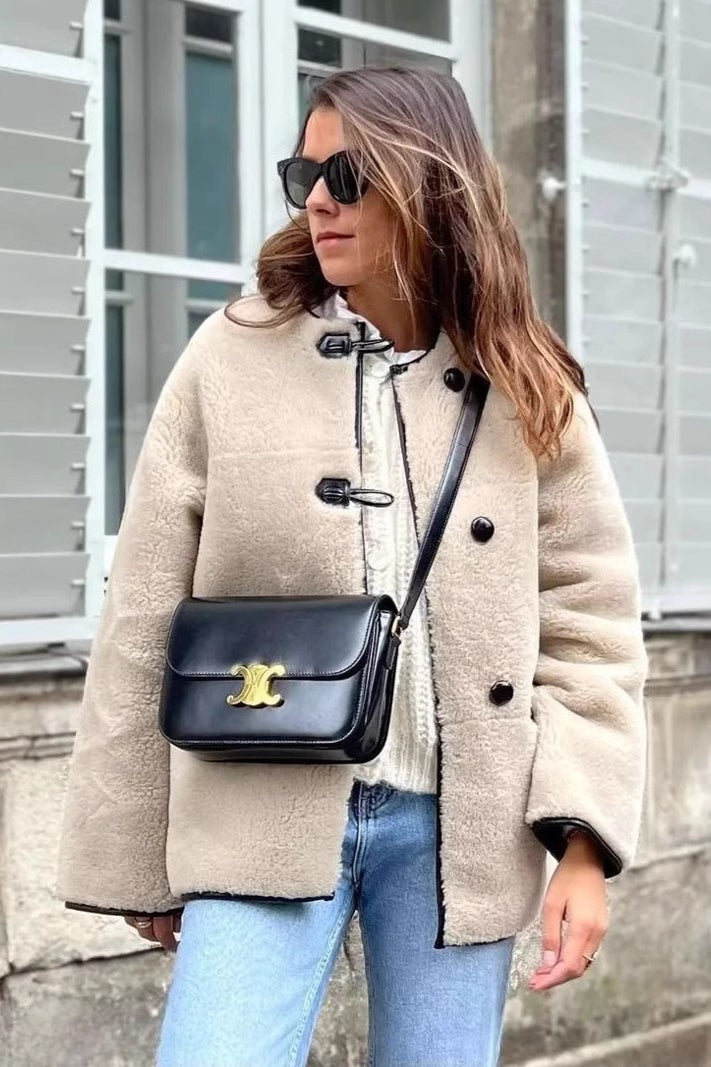 Round Neck Faux Fur Long Coat - Fashionpara