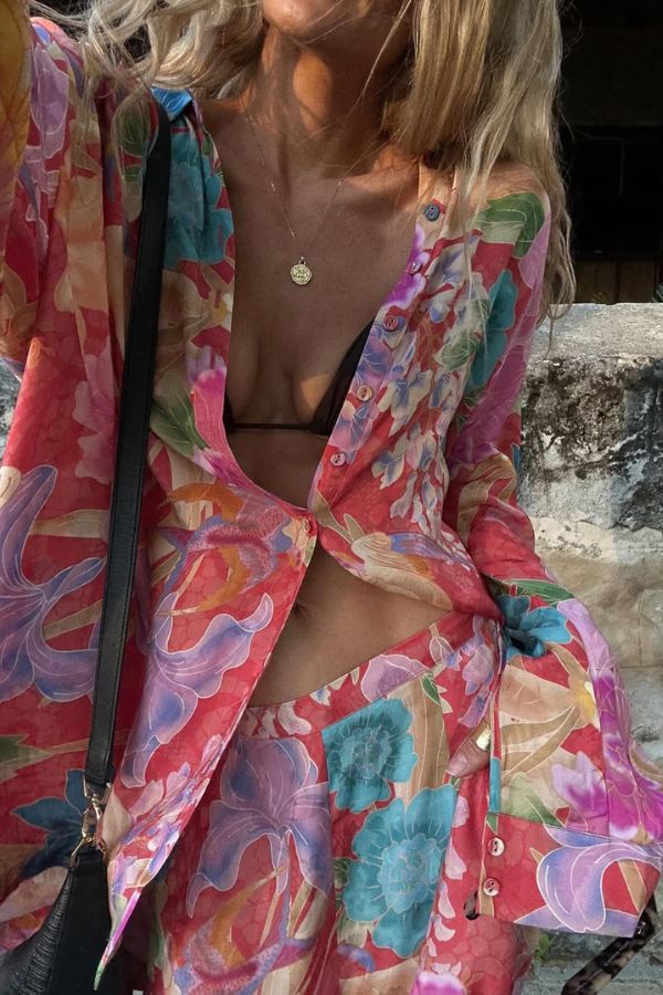 Painter's Garden Boho Floral Print Button Long Sleeve Relaxed Blouse - Fashionpara