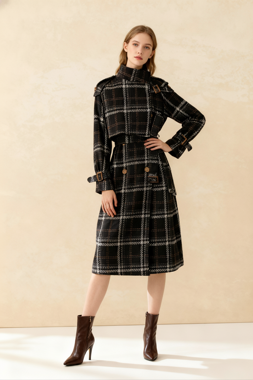 Autumn Winter Long Loose Warm Plaid Wool Blends Sleeve Belt Double Breasted Woolen Stylish Coat - Fashionpara
