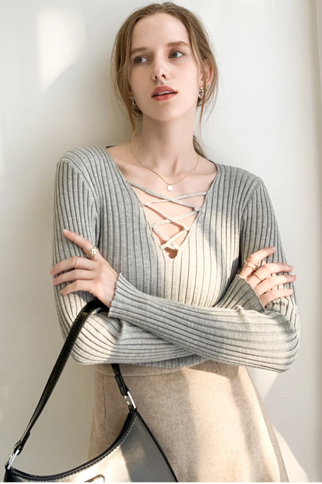 Slim Fit Lace Up V Neck Sweater