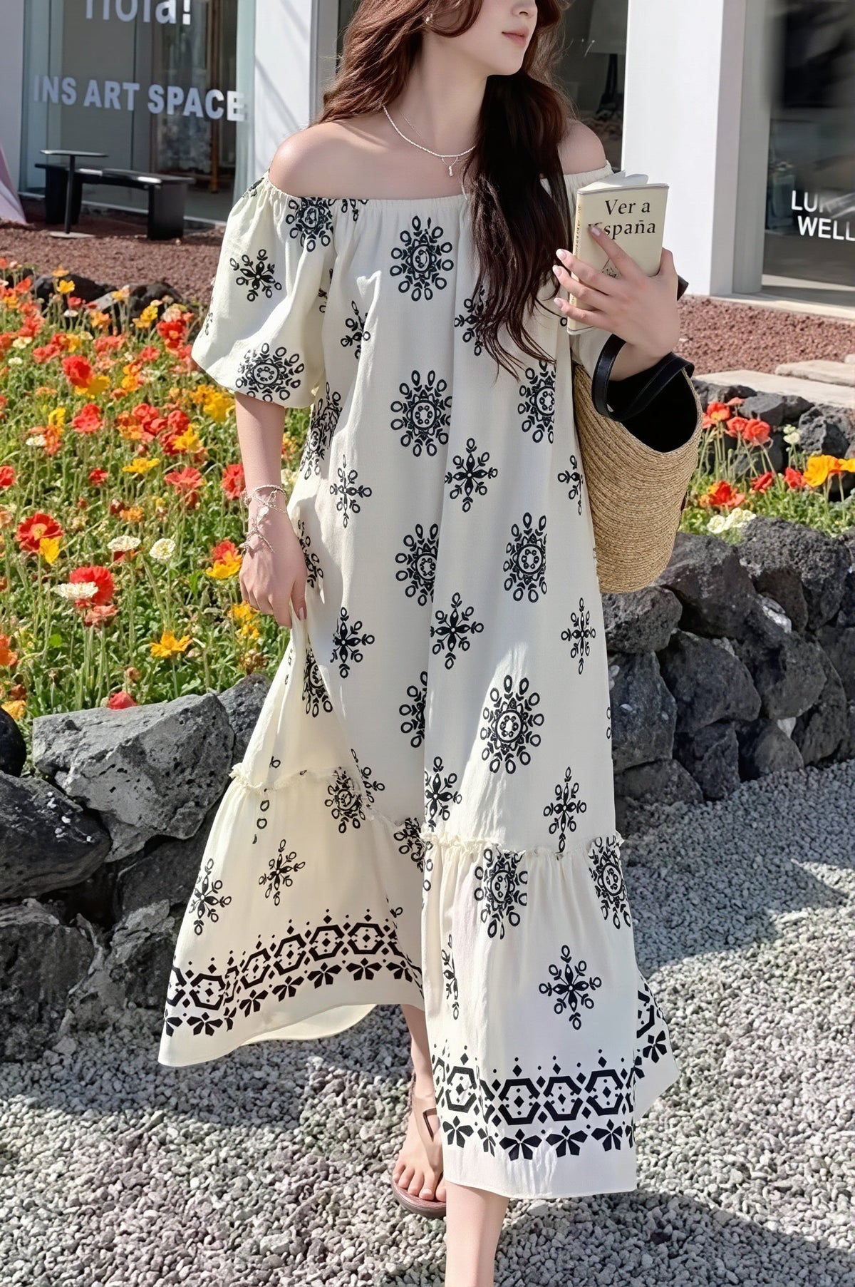 Embroidered Square Neck Flutter Sleeve Tiered Maxi Dress 2