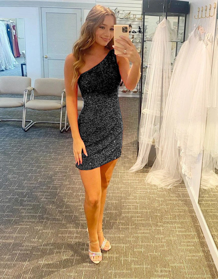Glitter One-Shoulder Hot Pink Homecoming Dress With Sequins - Fashionpara