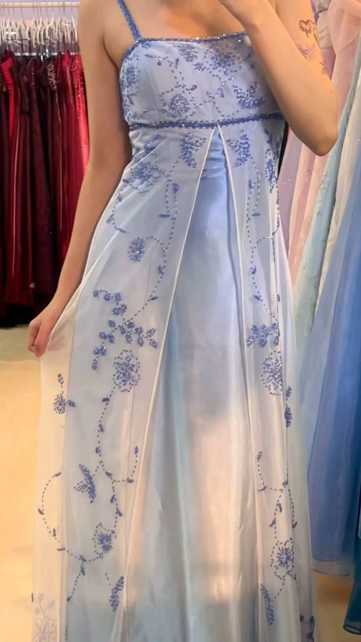 Blue And White Gradient Beaded Long Prom Dress Evening Dress - Fashionpara