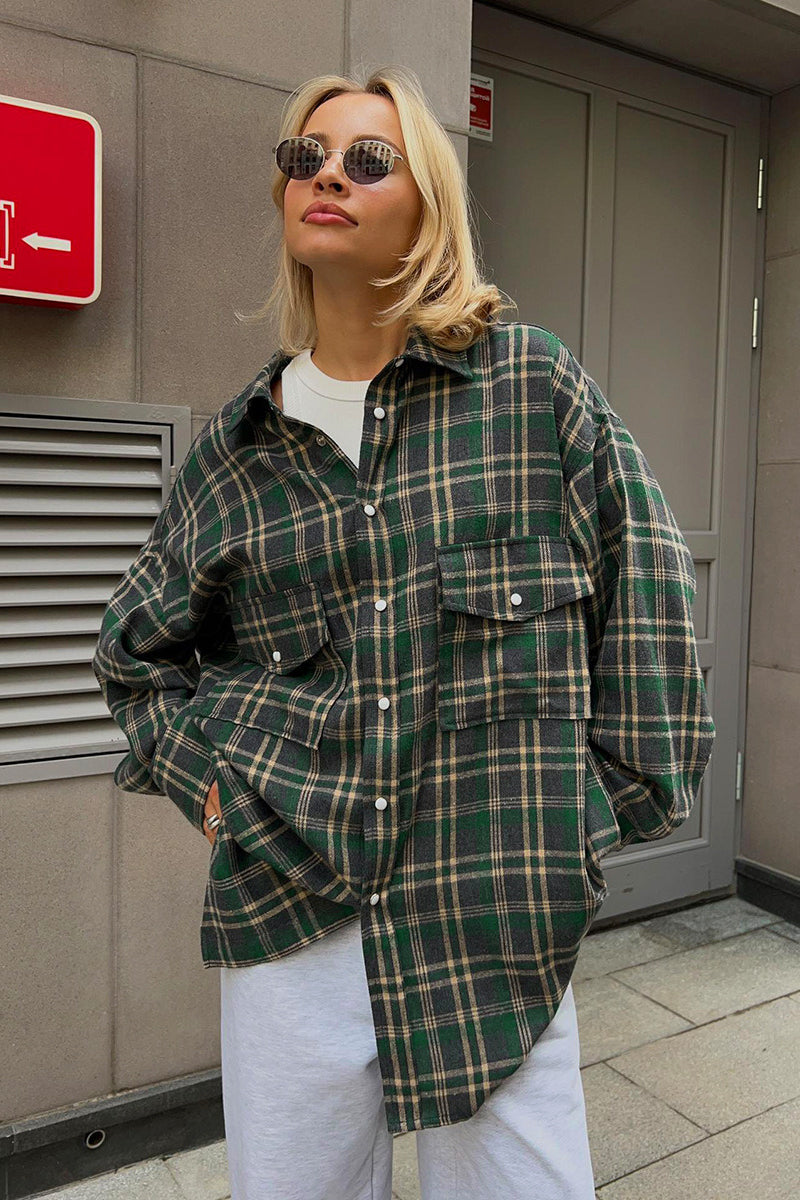 Plaid Mid Length Double Pocket Shirt Blouse