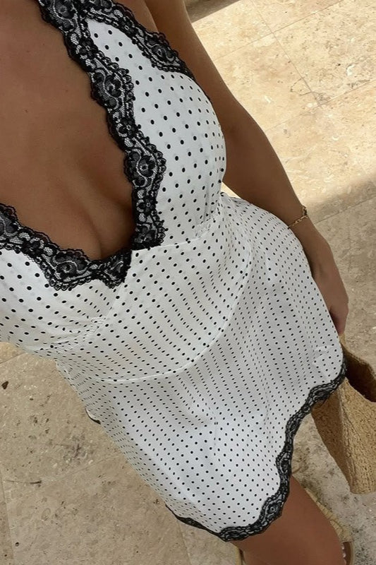 Lace-Trim V-Neck Polka Dot Halter Backless Mini Dress - Fashionpara