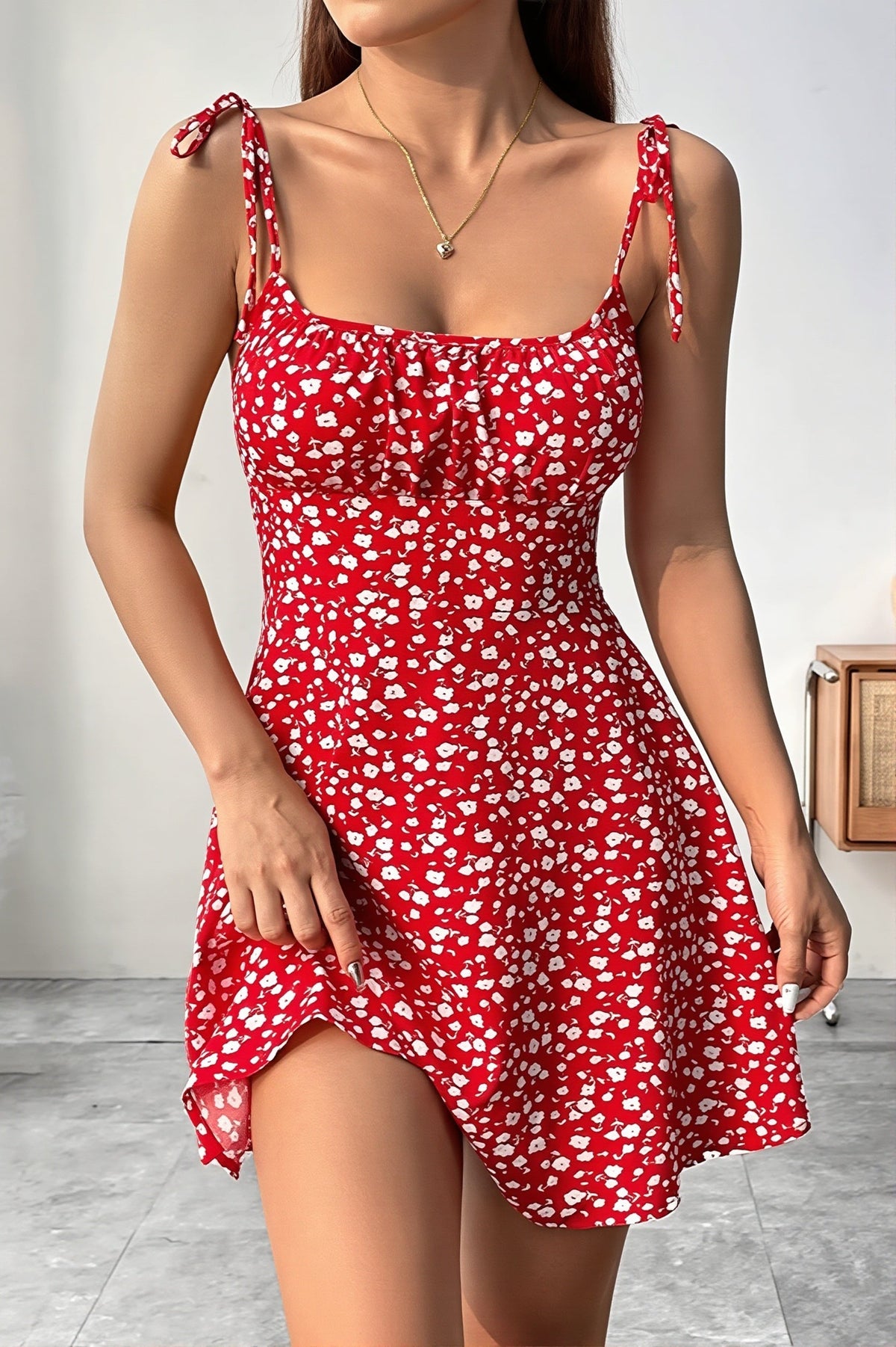 Floral Scoop Neck Tie Strap Fit and Flare Mini Dress