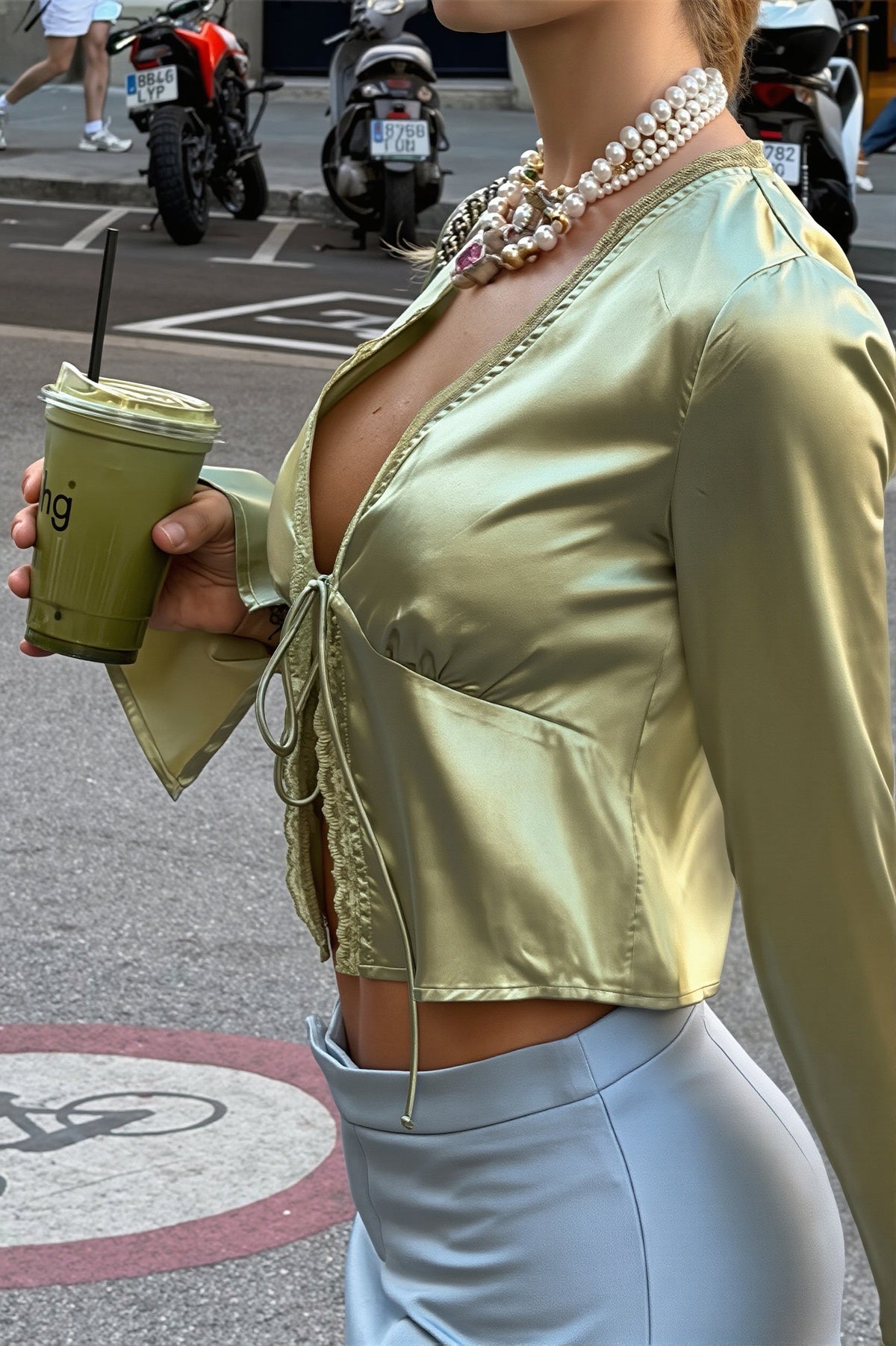Satin V-Neck Long-Sleeve Lace-Up Cardigan Top 3