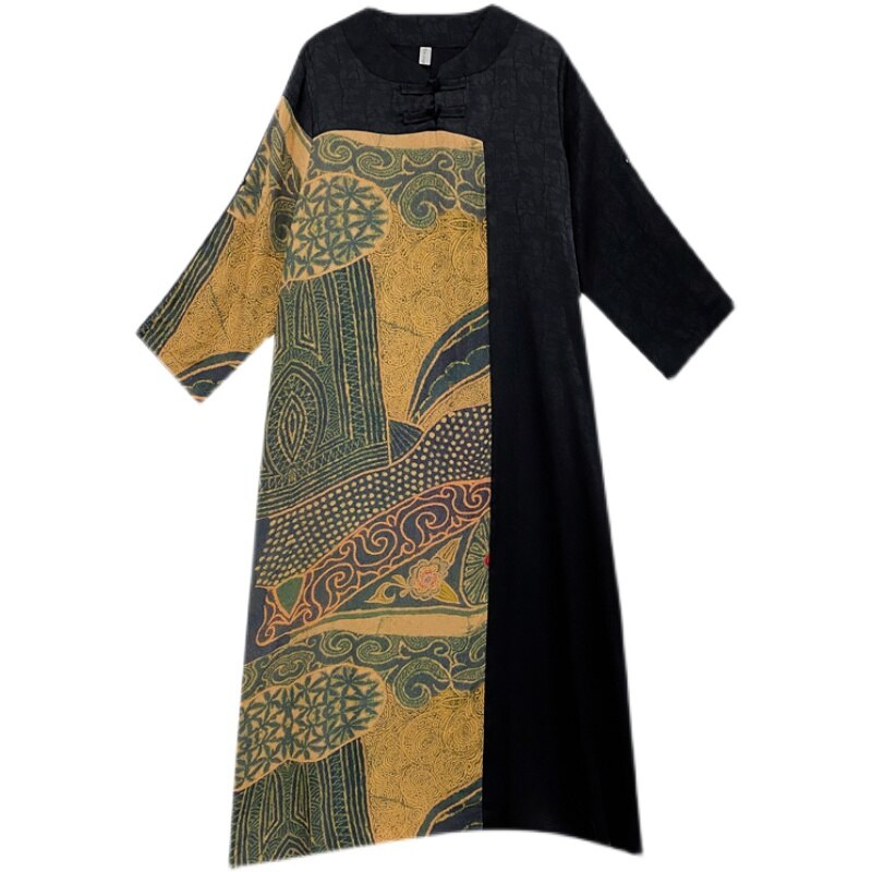 Patchwork Print Mandarin Collar Three-Quarter A-Line Midi Dress - View 5
