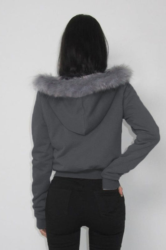 Fur Trim Hooded Zip Waist Jacket