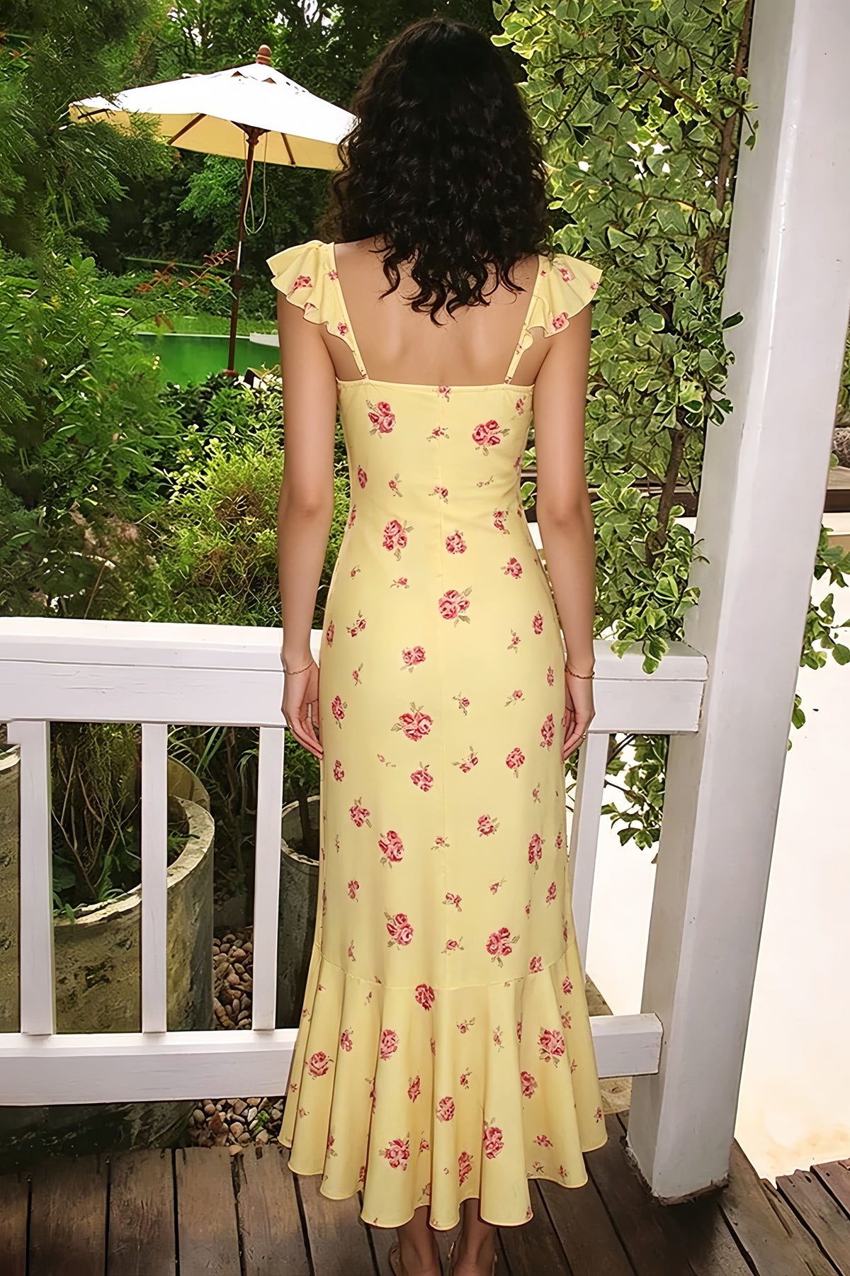 Floral Print Ruffle Strap Fishtail Midi Dress 3