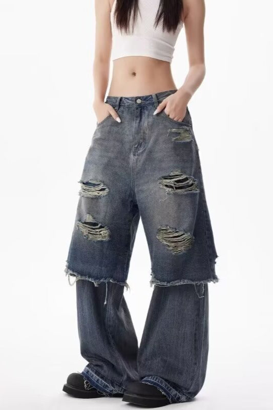 Distressed Layered Wide Jeans