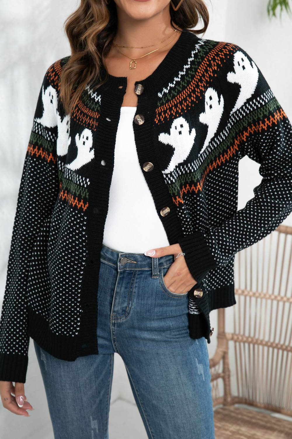 Halloween Ghost Retro Polka Dot Long Sleeve Knitted Cardigan Sweater - Fashionpara