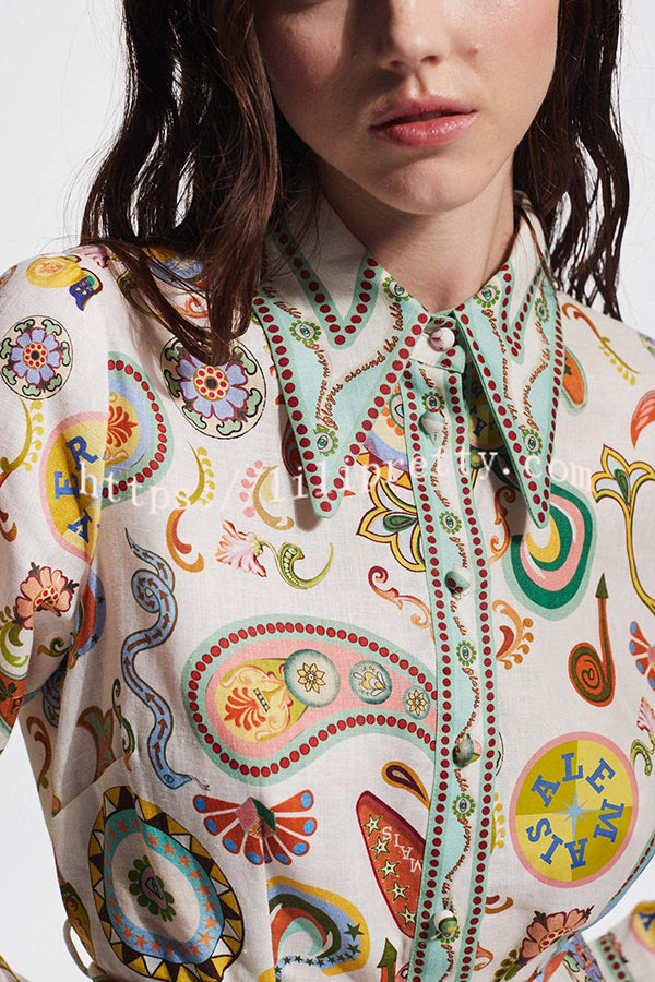 Mila Linen Blend Unique Print Shaped Collar Tie-up Waist Shirt Mini Dress - Fashionpara
