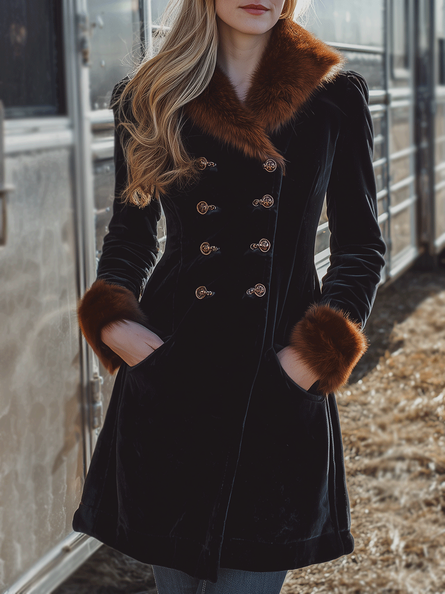 Vintage Black Velvet Double-Breasted Faux Fur Collar And Cuffs Coat - Fashionpara