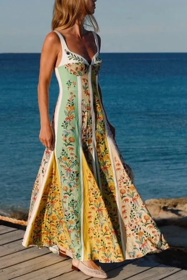 Sweet Garden Linen Blend Color Block Floral Paneled Maxi Dress - Fashionpara