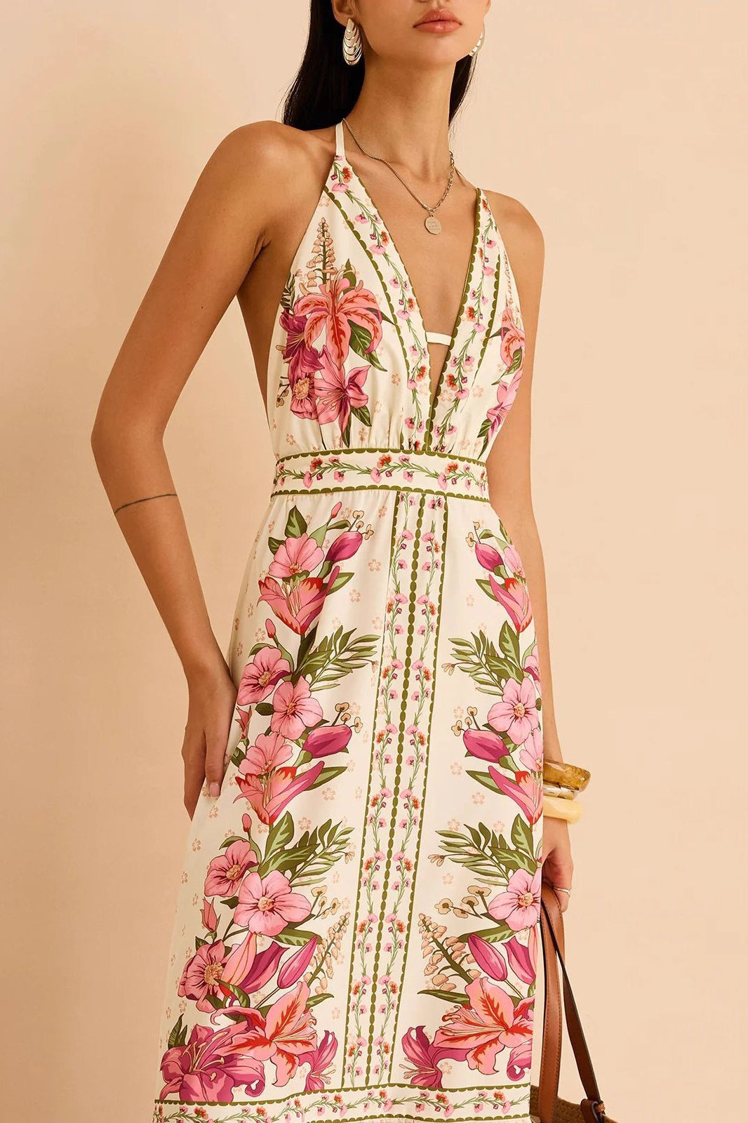 Floral Print Plunge Halter Backless Boho Dress